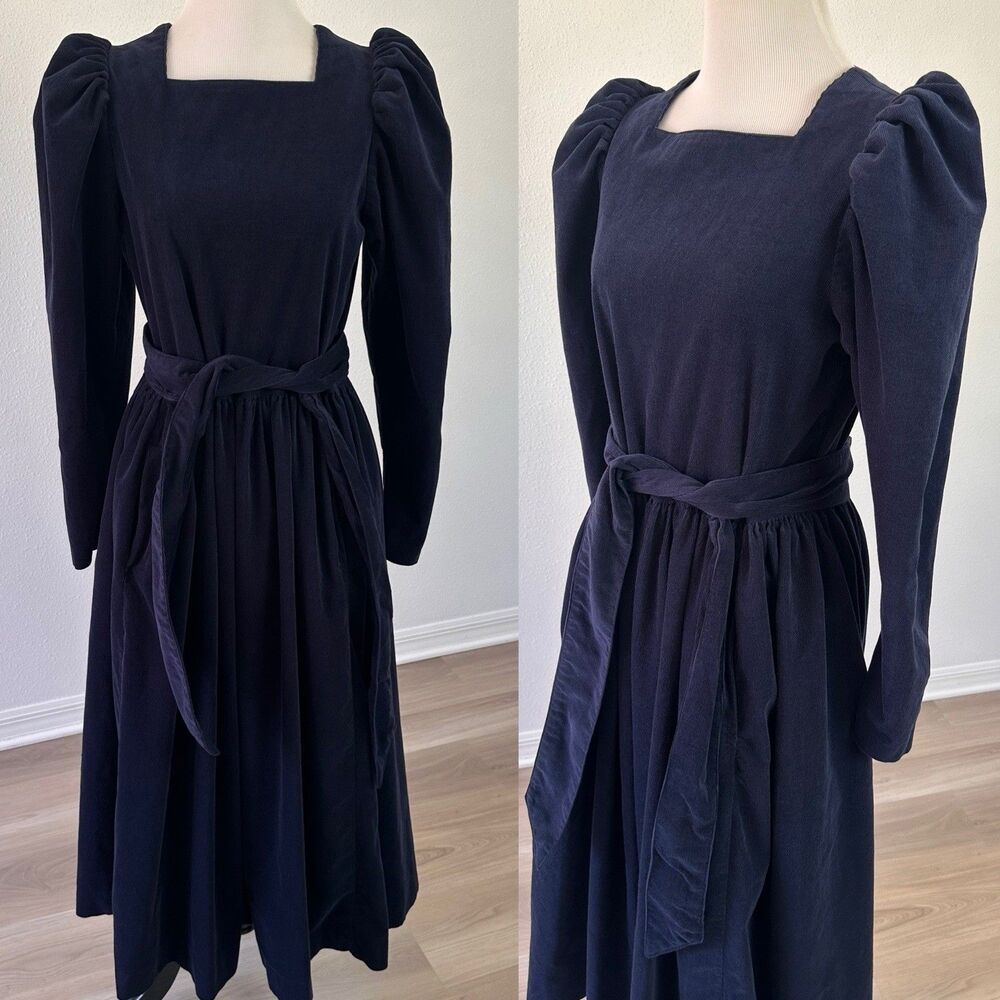 VTG Laura Ashley Dress Women's 10 Blue Corduroy Puff Sleeve Cottagecore Prairie